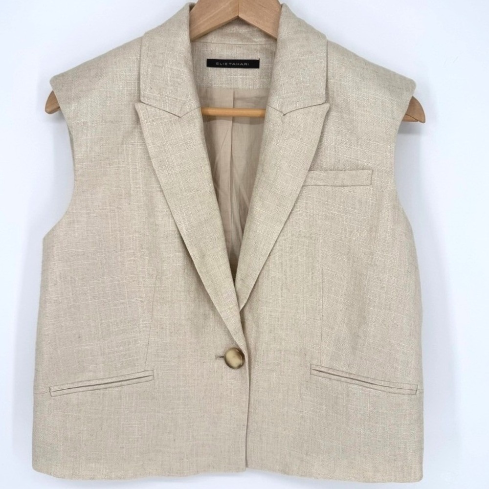 Elie Tahari Beige Linen Sleeveless Blazer Vest Button S Luxury Natural Fiber